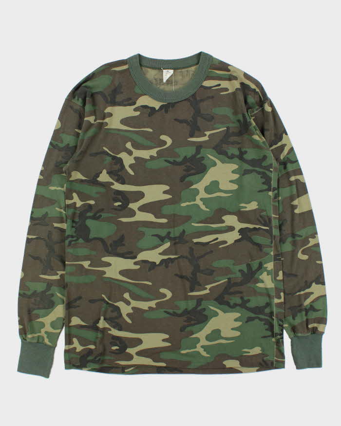 Vintage 1990s Camouflage Made In USA Woodland Camo Long Sleeve Crewneck T-Shirt - XL