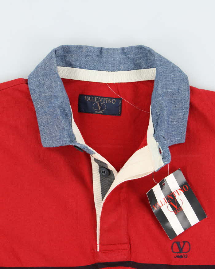 DSWT Vintage 1980s Valentino Jeans Striped Chambray Collared Long Sleeve Rugby Shirt - L