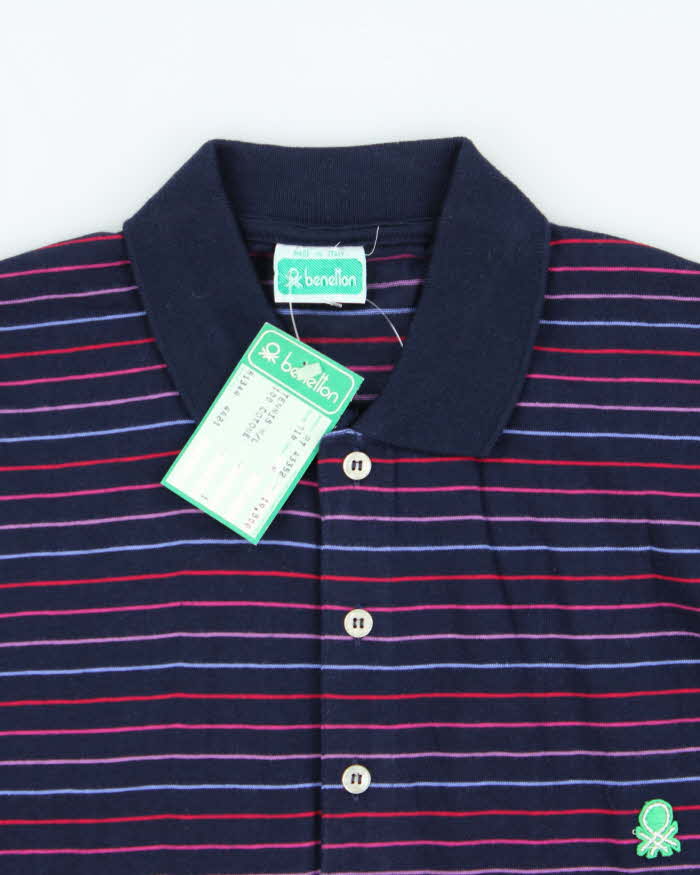 DSWT 1980s Benetton Stripe Long Sleeve Polo Shirt - M