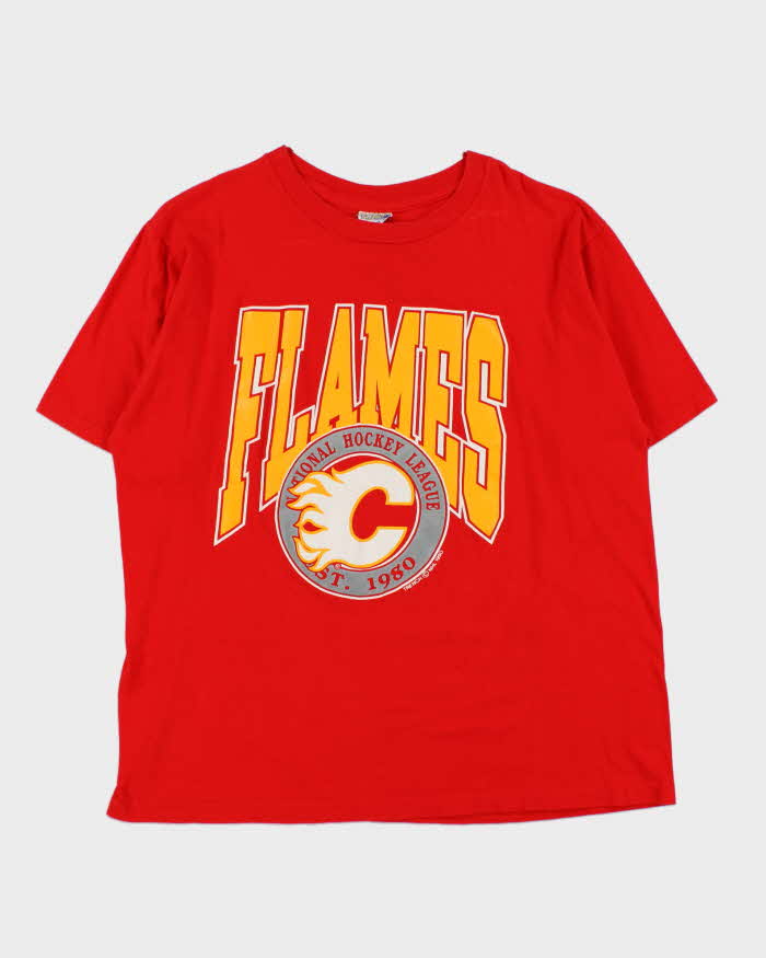 Vintage 1990 Calgary Flames NHL Single Stitch Trench Crewneck T-Shirt - XL