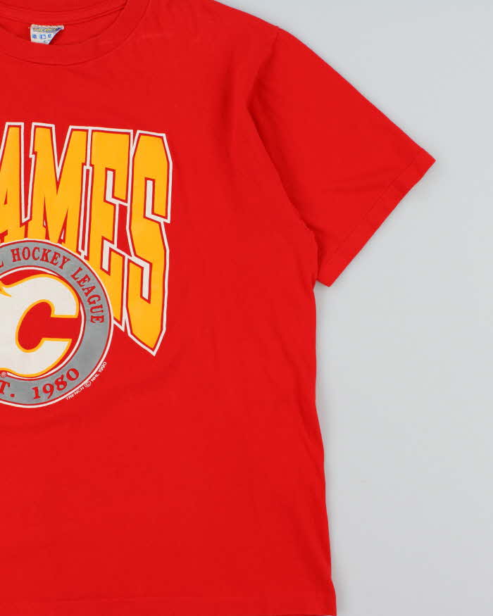 Vintage 1990 Calgary Flames NHL Single Stitch Trench Crewneck T-Shirt - XL