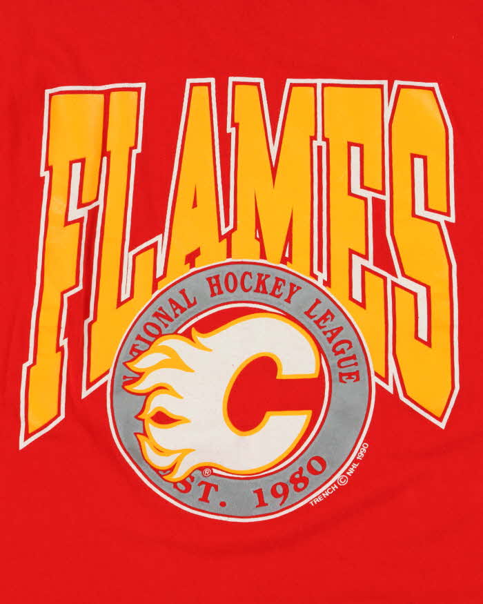 Vintage 1990 Calgary Flames NHL Single Stitch Trench Crewneck T-Shirt - XL
