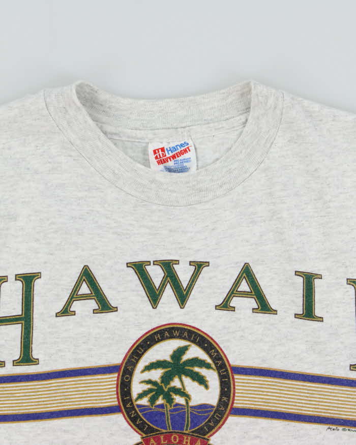Vintage 1990s Hawaii Hanes Heavyweight Marl Grey Single Stitch Crewneck T-Shirt - M