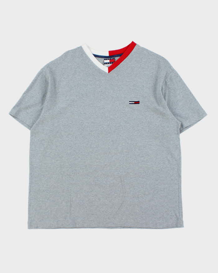 Vintage 1990s Tommy Hilfiger Embroidered Grey Marl V-Neck T-Shirt - M
