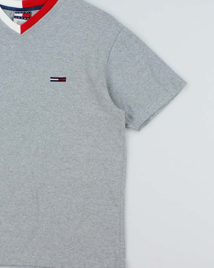 Vintage 1990s Tommy Hilfiger Embroidered Grey Marl V-Neck T-Shirt - M