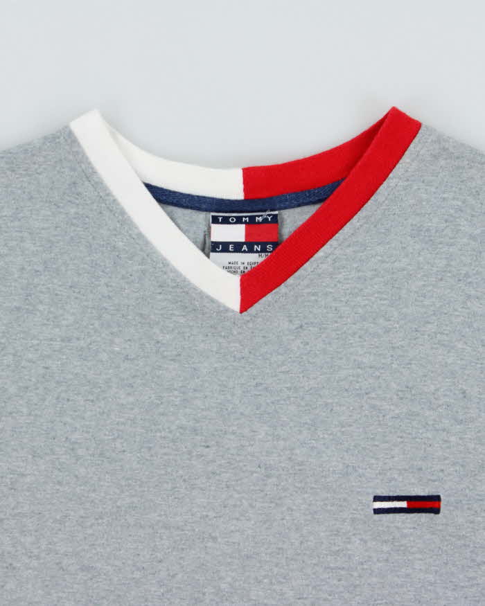 Vintage 1990s Tommy Hilfiger Embroidered Grey Marl V-Neck T-Shirt - M