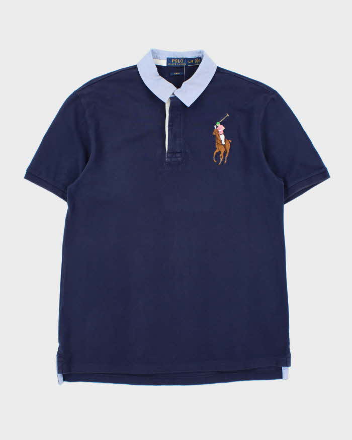 Vintage Polo Ralph Lauren Large Pony Denim Collared Slim Fit Short Sleeve Polo Shirt - L