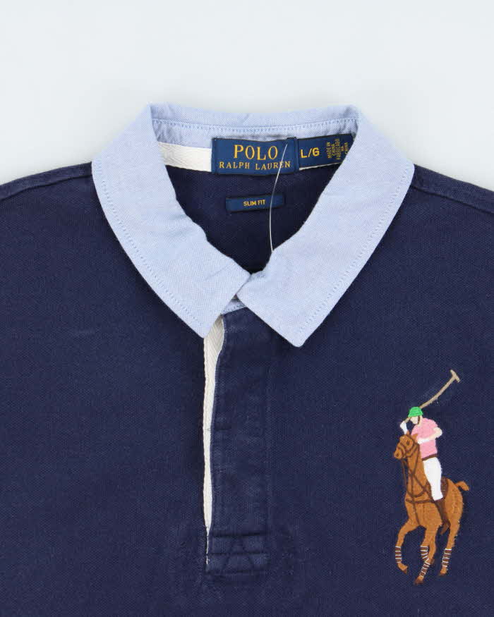 Vintage Polo Ralph Lauren Large Pony Denim Collared Slim Fit Short Sleeve Polo Shirt - L