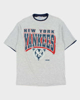 Vintage 1991 New York Yankees MLB Marl Grey Mock Layer Made In USA Single Stitch Trench Crewneck T-Shirt - L