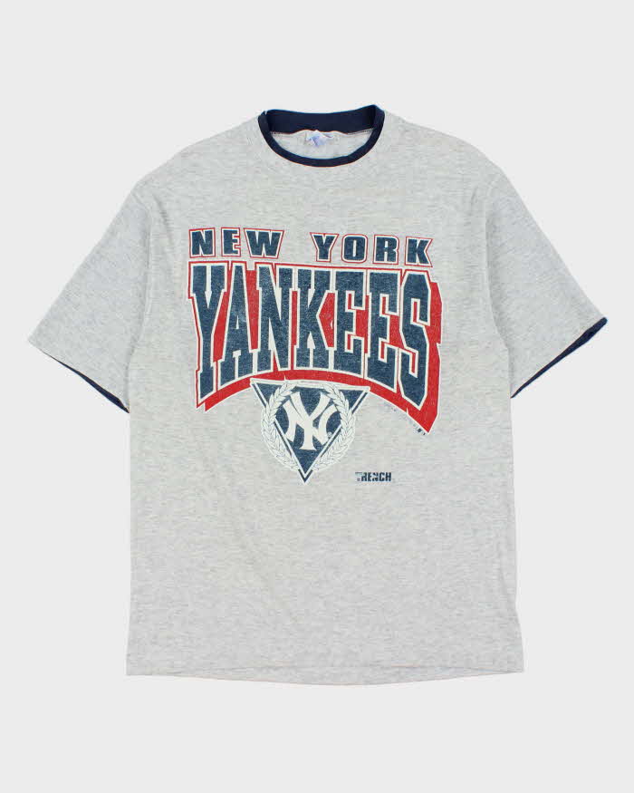 Vintage 1991 New York Yankees MLB Marl Grey Mock Layer Made In USA Single Stitch Trench Crewneck T-Shirt - L