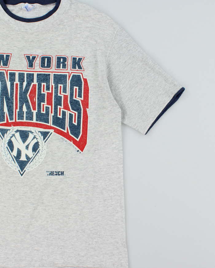 Vintage 1991 New York Yankees MLB Marl Grey Mock Layer Made In USA Single Stitch Trench Crewneck T-Shirt - L