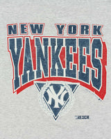 Vintage 1991 New York Yankees MLB Marl Grey Mock Layer Made In USA Single Stitch Trench Crewneck T-Shirt - L