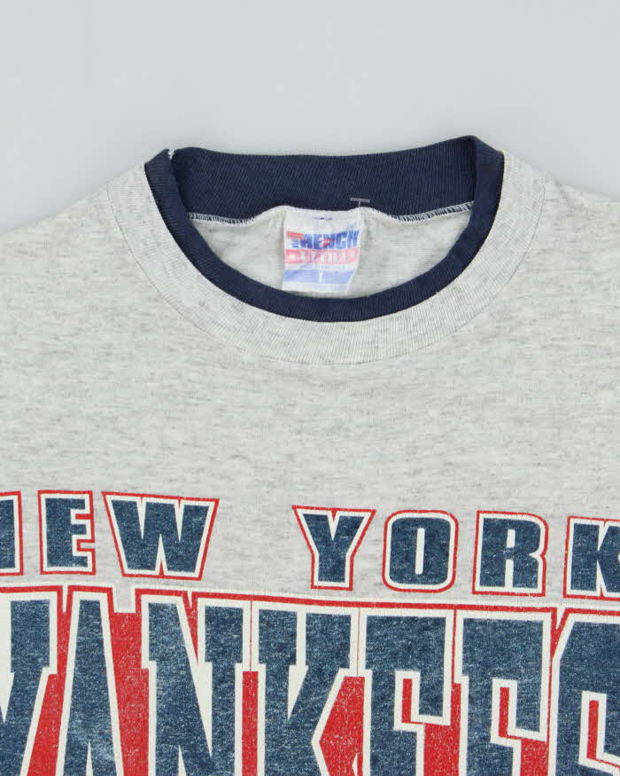 Vintage 1991 New York Yankees MLB Marl Grey Mock Layer Made In USA Single Stitch Trench Crewneck T-Shirt - L