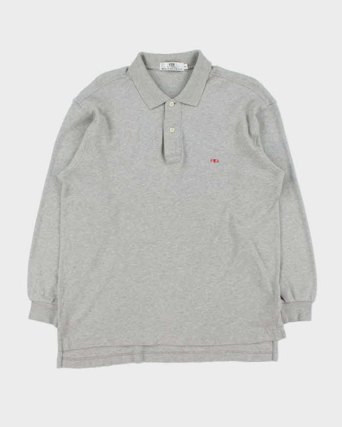 Vintage 1990s Balenciaga Homme Embroidered Marl Grey Long Sleeve Polo Shirt - L