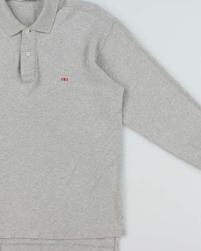 Vintage 1990s Balenciaga Homme Embroidered Marl Grey Long Sleeve Polo Shirt - L