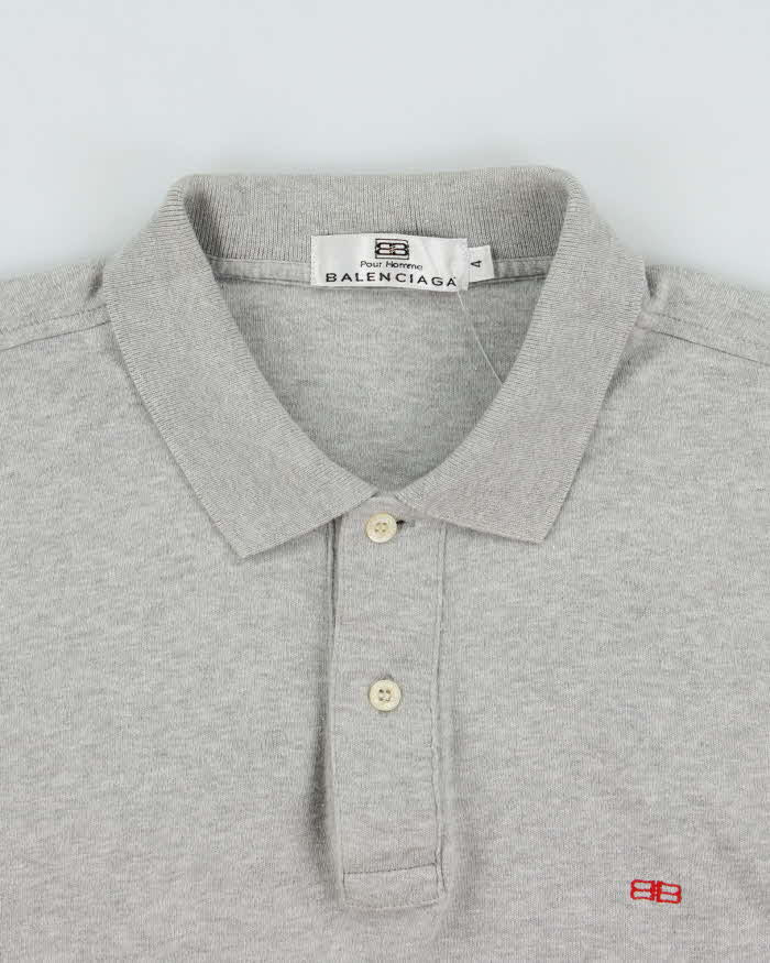 Vintage 1990s Balenciaga Homme Embroidered Marl Grey Long Sleeve Polo Shirt - L