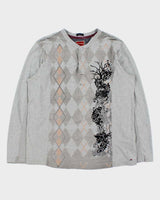 Vintage Y2K 00s Tommy Hilfiger Marl Grey Graphic Argyle Slim Fit Long Sleeve Henley T-Shirt - XL