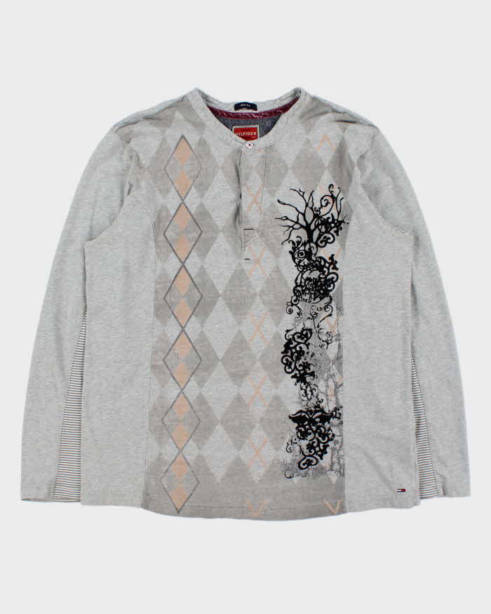 Vintage Y2K 00s Tommy Hilfiger Marl Grey Graphic Argyle Slim Fit Long Sleeve Henley T-Shirt - XL