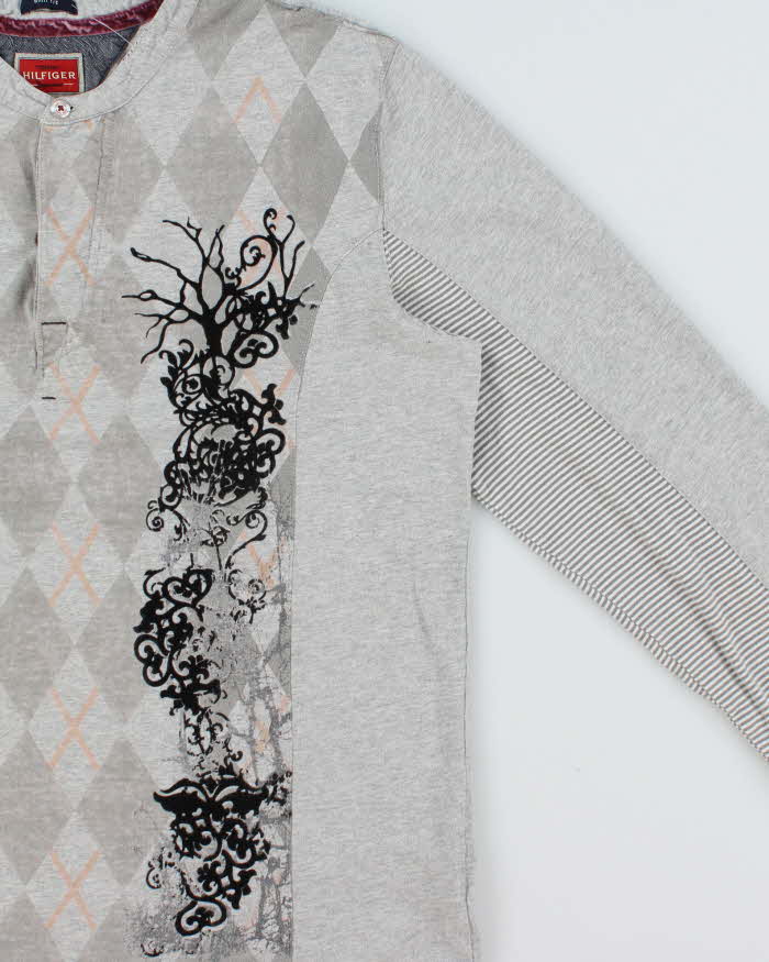 Vintage Y2K 00s Tommy Hilfiger Marl Grey Graphic Argyle Slim Fit Long Sleeve Henley T-Shirt - XL