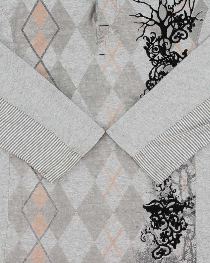 Vintage Y2K 00s Tommy Hilfiger Marl Grey Graphic Argyle Slim Fit Long Sleeve Henley T-Shirt - XL