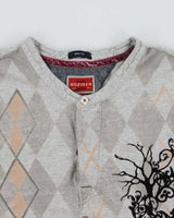 Vintage Y2K 00s Tommy Hilfiger Marl Grey Graphic Argyle Slim Fit Long Sleeve Henley T-Shirt - XL