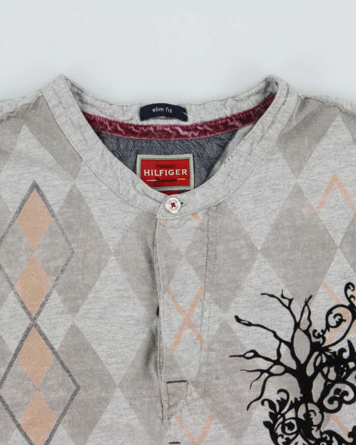 Vintage Y2K 00s Tommy Hilfiger Marl Grey Graphic Argyle Slim Fit Long Sleeve Henley T-Shirt - XL