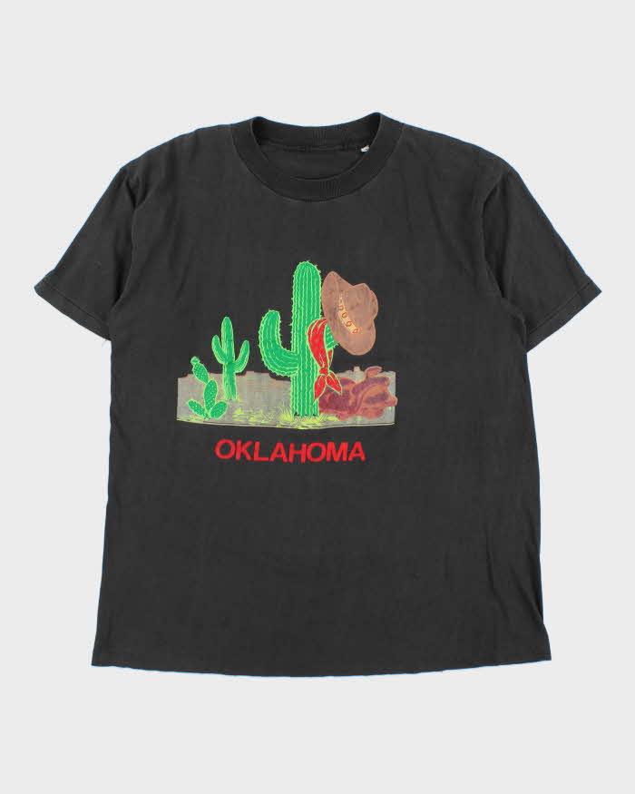 Vintage 1990s Oklahoma Print Faded Black Single Stitch Crewneck T-Shirt - XL
