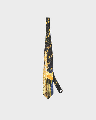 Vintage 90s Ralph Marlin Sax & Notes Black Silk Tie Deadstock With Tags