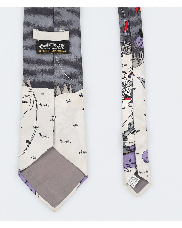 Vintage 1992 Looney Tunes Grey Print Silk Tie