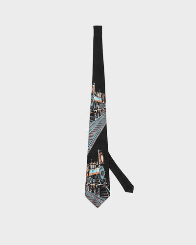 Vintage 80s A. Rogers Black Train Printed Silk Tie