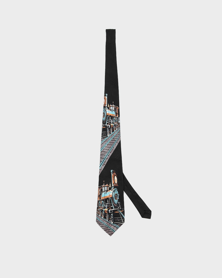Vintage 80s A. Rogers Black Train Printed Silk Tie