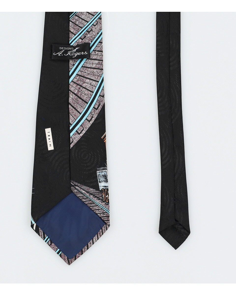Vintage 80s A. Rogers Black Train Printed Silk Tie