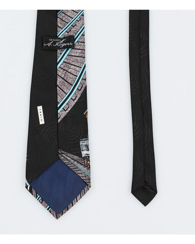 Vintage 80s A. Rogers Black Train Printed Silk Tie