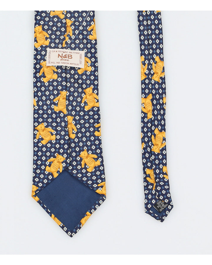 Vintage 70s N&B Ties Blue Navy Teddy Bear Print Silk Tie
