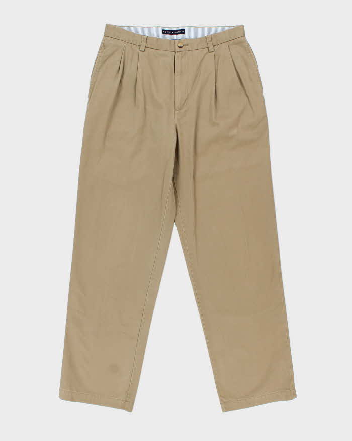 Vintage Y2K 00s Tommy Hilfiger Khaki Double Pleated Relaxed Fit Wide Leg Chino Trousers - W34 L33