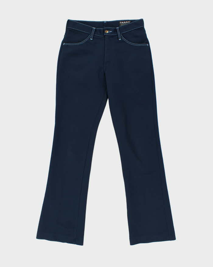 Vintage 1970s Farah Navy Hopsack Contrast Stitch Mid Rise Made In USA Bootcut Trousers - W30 L33