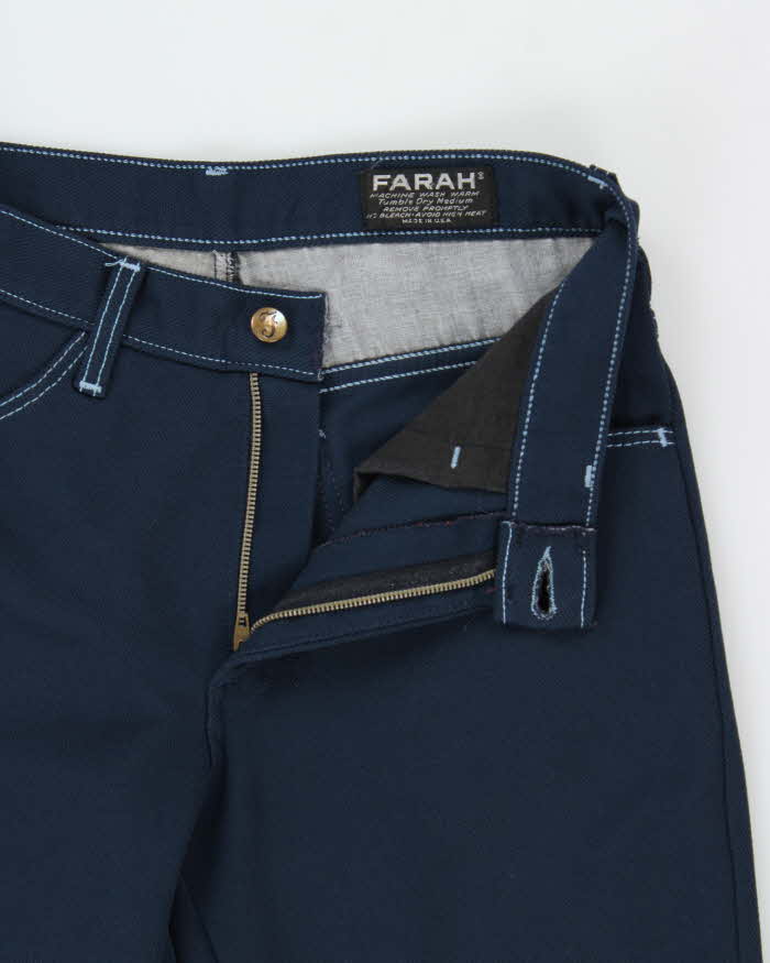 Vintage 1970s Farah Navy Hopsack Contrast Stitch Mid Rise Made In USA Bootcut Trousers - W30 L33