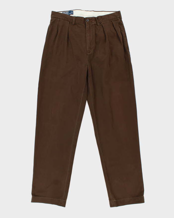 Vintage Y2K 00s Polo Ralph Lauren Brown Double Pleated Classic Chino Andrew Relaxed Straight Leg Trousers - W34 L34