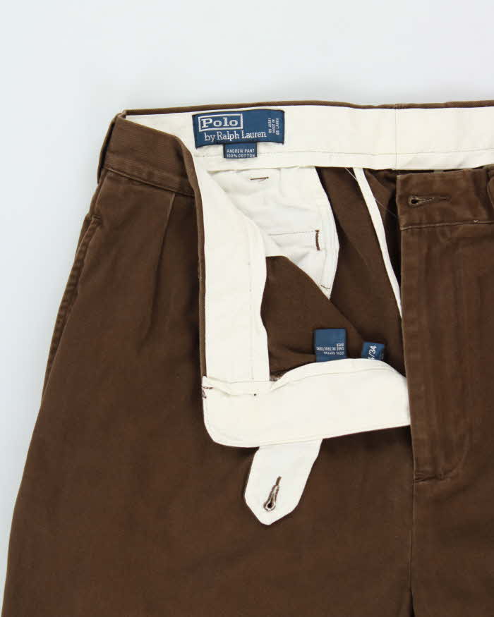 Vintage Y2K 00s Polo Ralph Lauren Brown Double Pleated Classic Chino Andrew Relaxed Straight Leg Trousers - W34 L34