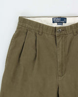 Vintage Y2K 00s Polo Ralph Lauren Khaki Double Pleated Hammond Cuffed Relaxed Leg Trousers - W30 L30