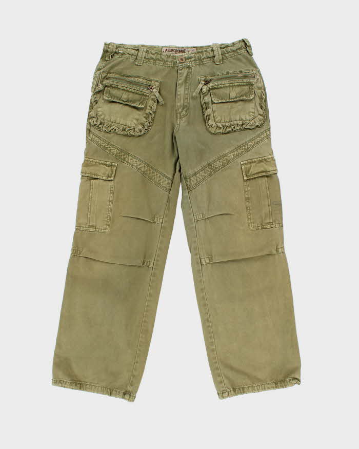 Vintage Y2K 00s Abercombie &amp; Fitch Khaki Heavyweight Canvas Multi Pocket Wide Leg Military Cargo Trousers - W34 L31