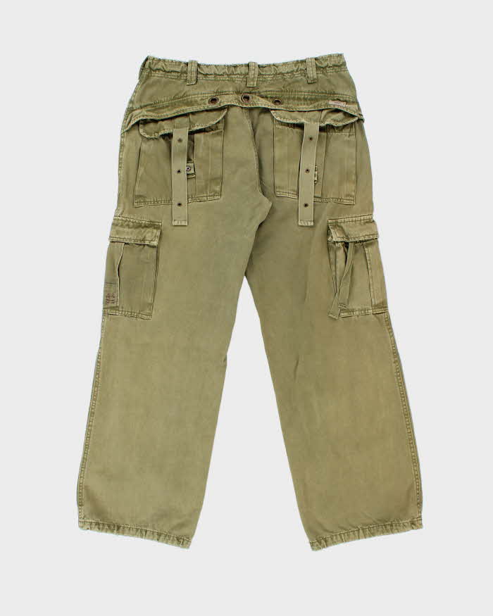 Vintage Y2K 00s Abercombie &amp; Fitch Khaki Heavyweight Canvas Multi Pocket Wide Leg Military Cargo Trousers - W34 L31
