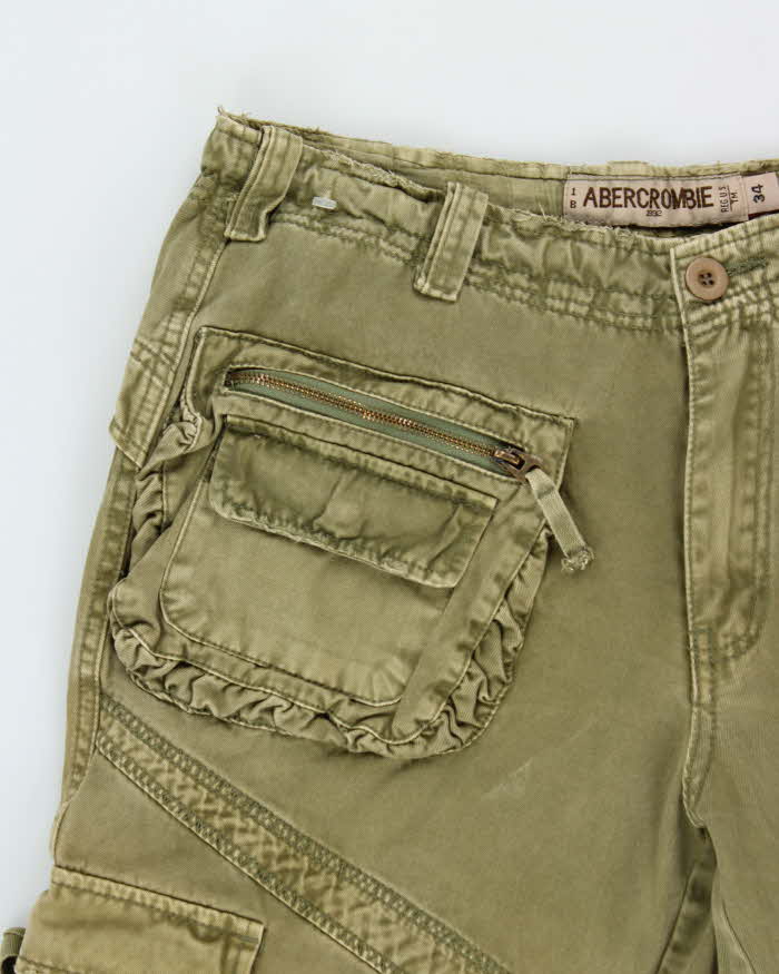 Vintage Y2K 00s Abercombie &amp; Fitch Khaki Heavyweight Canvas Multi Pocket Wide Leg Military Cargo Trousers - W34 L31