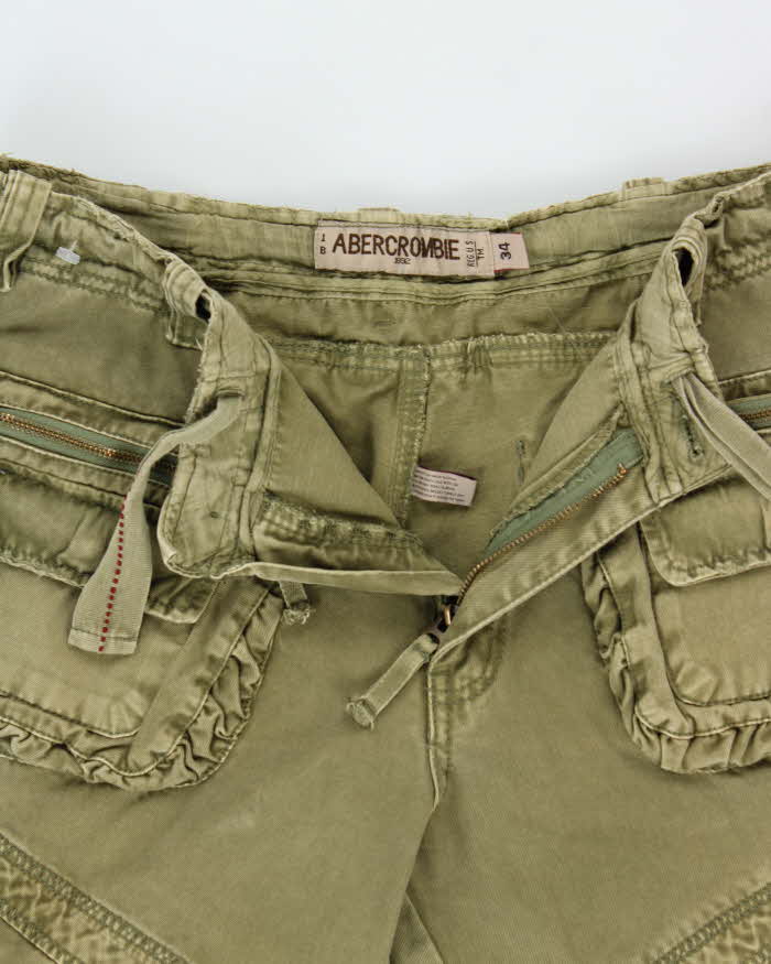 Vintage Y2K 00s Abercombie &amp; Fitch Khaki Heavyweight Canvas Multi Pocket Wide Leg Military Cargo Trousers - W34 L31