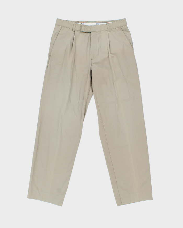 Vintage Y2K 00s Hugo Boss Khaki Lightweight Canvas Pleated Relaxed Straight Leg 'Mike' Chino Trousers - W32 L32
