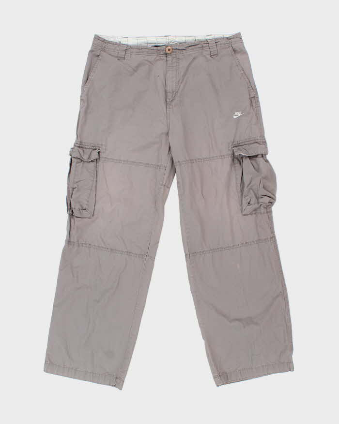 Vintage Y2K 00s Nike Grey Canvas Relaxed Fit Wide Leg Cargo Trousers - W34 L31