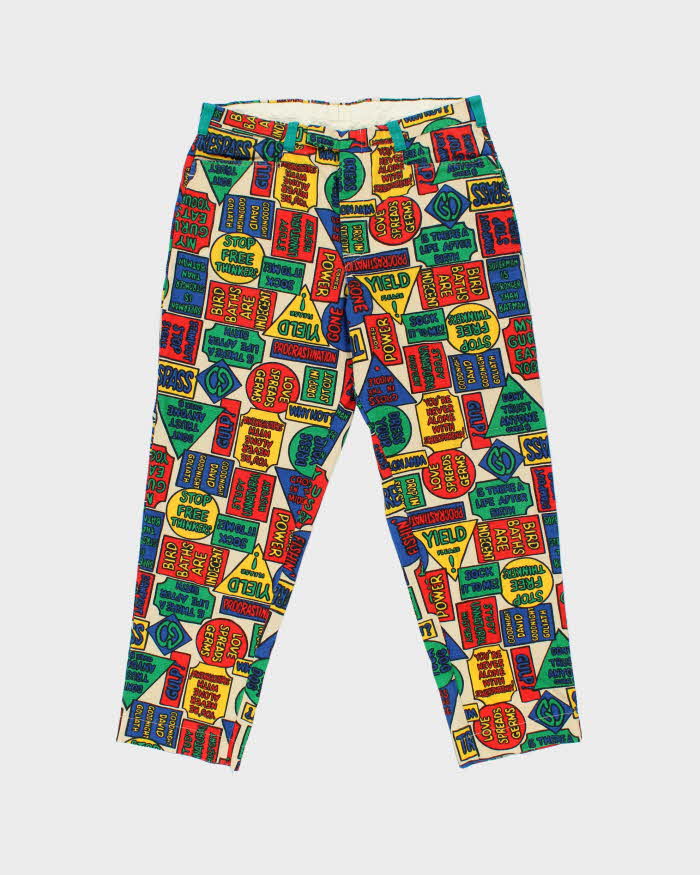 Vintage 1960s High-Rise Cool Kids Advertising Promo USA Hippy Protest Print Canvas Cotton Relaxed Fit Chino Trousers - W34 L28