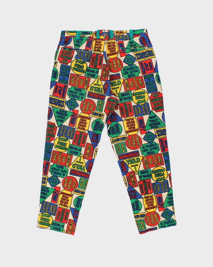 Vintage 1960s High-Rise Cool Kids Advertising Promo USA Hippy Protest Print Canvas Cotton Relaxed Fit Chino Trousers - W34 L28
