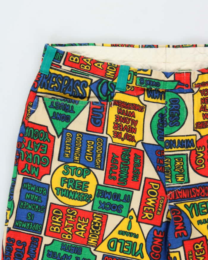 Vintage 1960s High-Rise Cool Kids Advertising Promo USA Hippy Protest Print Canvas Cotton Relaxed Fit Chino Trousers - W34 L28