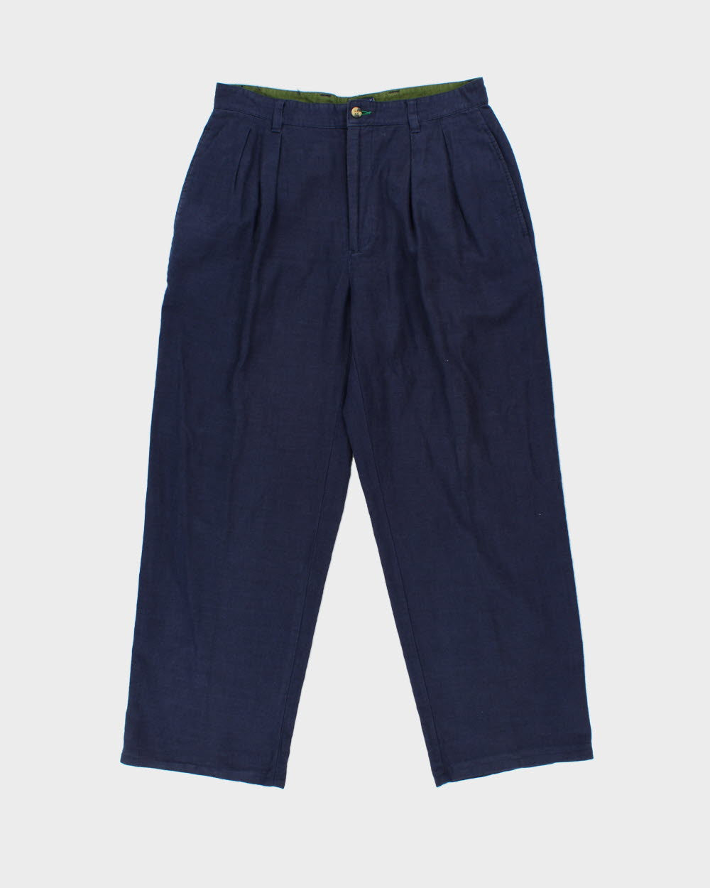 Vintage 1990s Tommy Hilfiger Navy High-Rise Double Plated Linen Blend Wide Relaxed Leg Trousers - W32 L29
